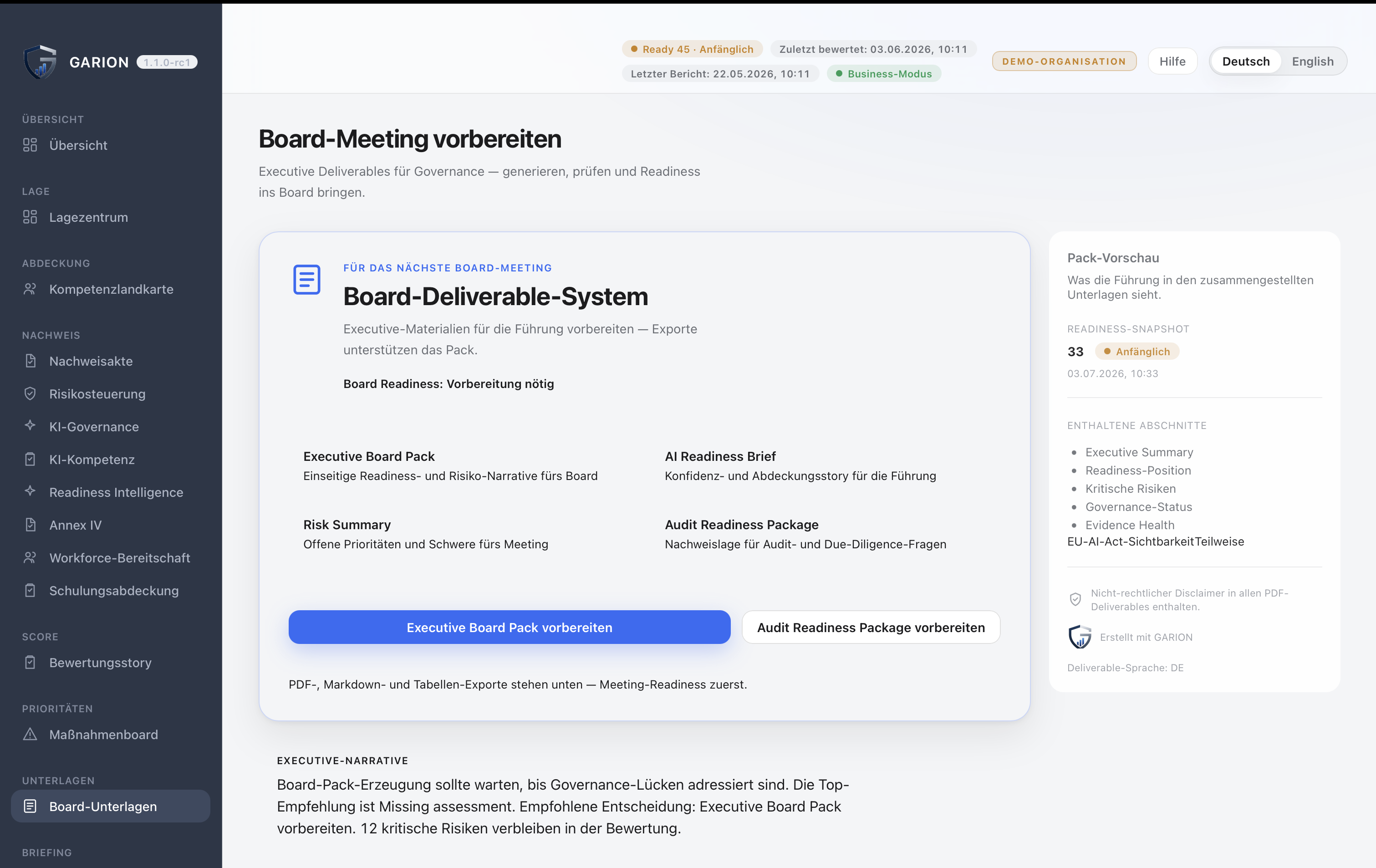 GARION Board-Unterlagen &mdash; Board-Deliverable-System